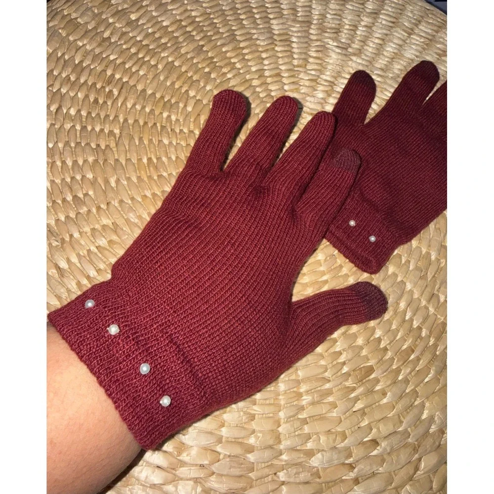 Burgundy Pearl Embellished  Gloves Knit Winter one‎ size